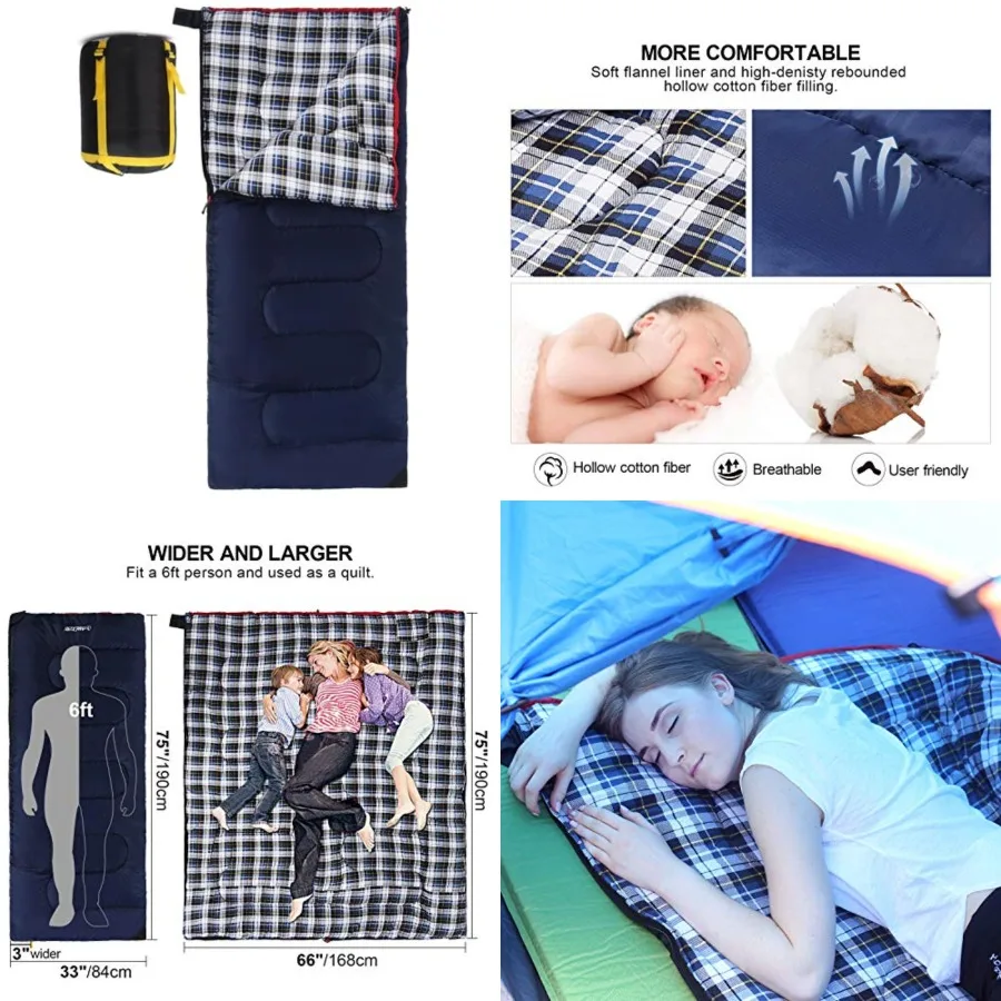 

Cotton Flannel Sleeping Bag for Camping Backpacking, Adults Cold Weather Envelope Sleeping Bags with 2/3/4/6lbs Filling