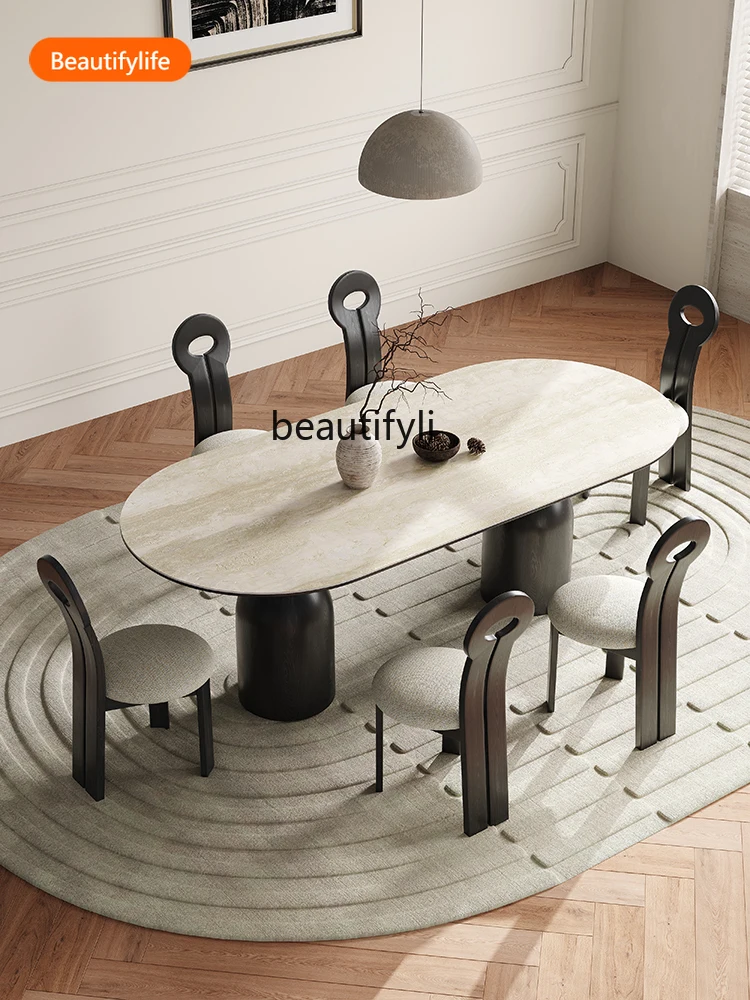 Solid Wood Dining Table Oval Household Small Apartment French Cream Style Modern Simple and Light Luxury Matte