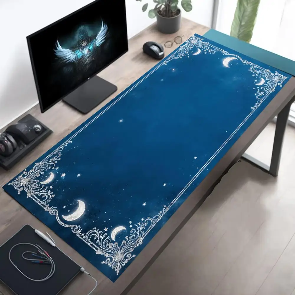 

Большой коврик для мыши с синей рамкой, XXL, для компьютера, офиса, игр, с резиновой противоскользящей основой, прошитыми краями, для клавиатуры ПК, моющийся, настольный коврик