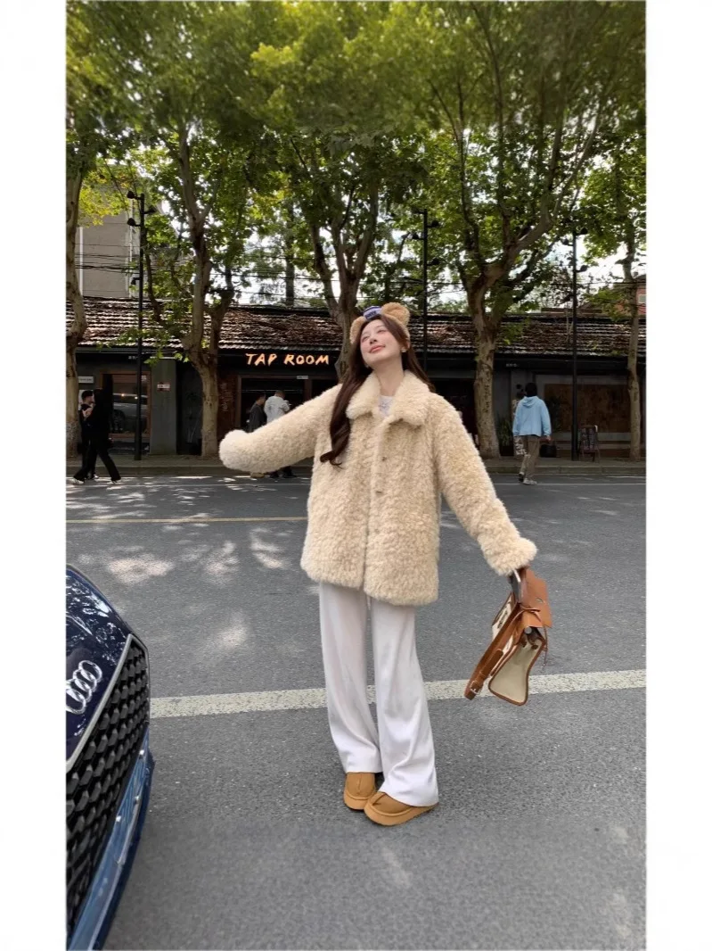 

Lamb Wool et Women Winter Fleece Woman Female Autumn Zipper Pockets Hooded Oversize Soft Vintage Streetwears Elegance Preppy