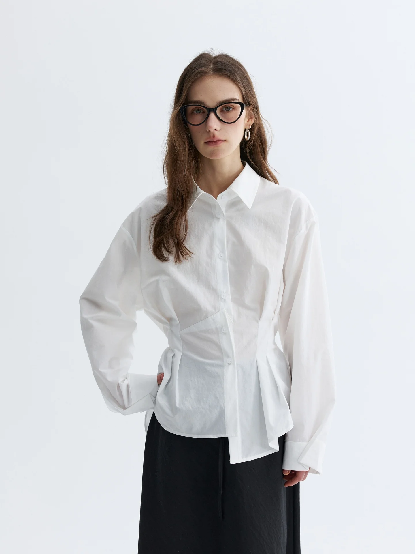 

VAJE Unique White Women's Shirt Waist-Cinching Spring Fashion Elegant Fairy-like Cotton Blend Long Sleeve Button-up Top
