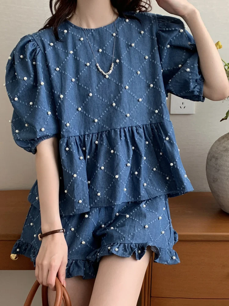 

Vintage Denim Two-piece Suits For Women Chic Pearl Ruffle Patch Shirt+ High Waist Fashion Shorts 2023 Summer New Tide Set X167