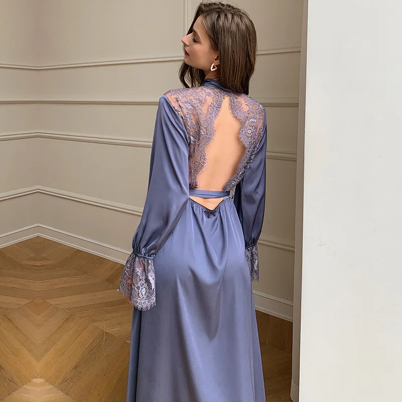 

Fashion Back Hollow Out Lace Trim Women Long Robe Home Dress Sexy Kimono Bathrobe Yukata Gown Summer Female Nightwear