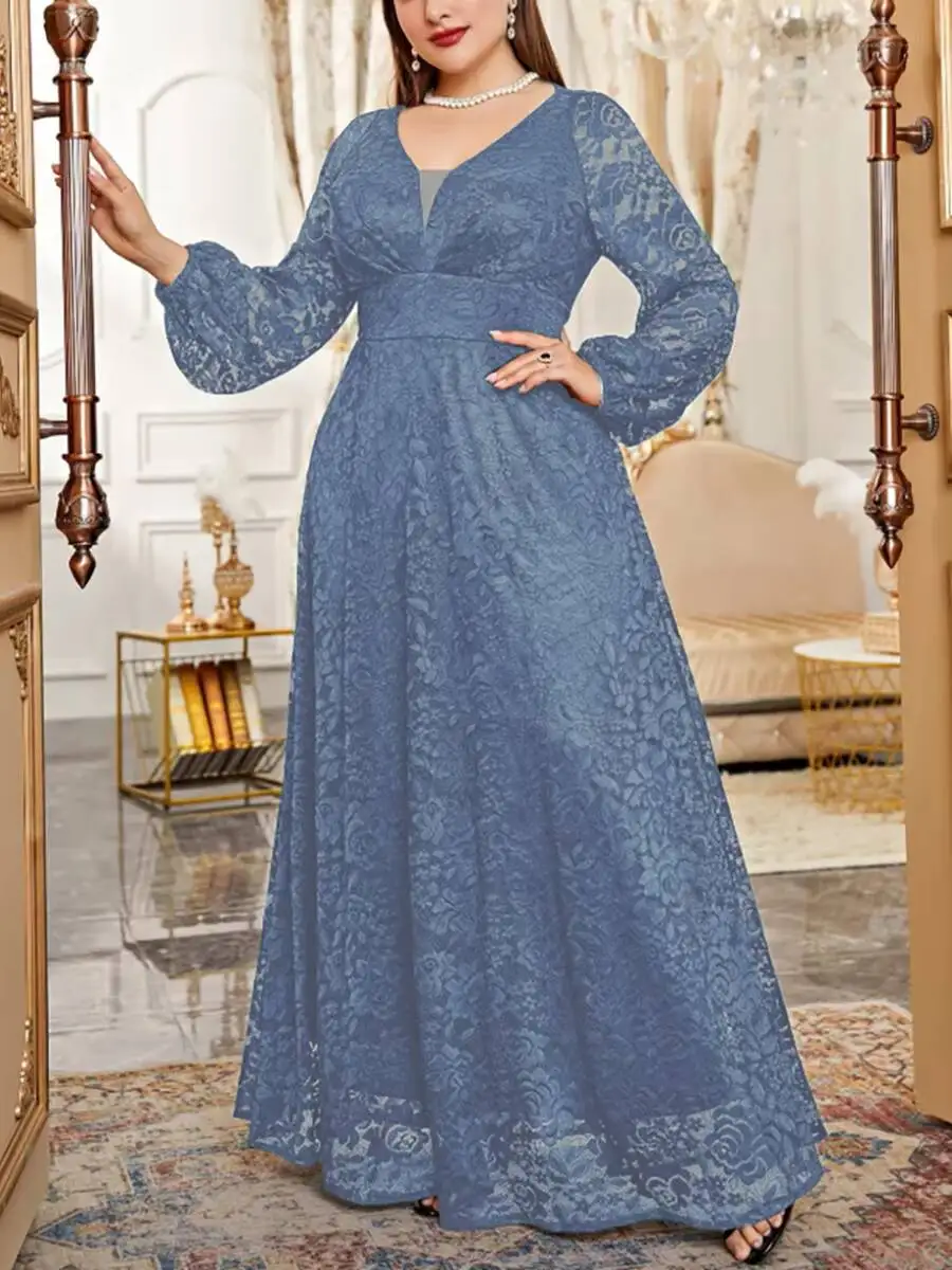 

Элегантное женское платье больших размеров с V-образным вырезом, длинными рукавами, кружевом, завышенной талией, А-силуэта, для весны и лета, вечернее, стрейч, для вечеринок
