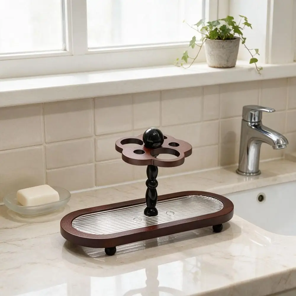 Vintage Toothbrush Holder Flower Design Oval-shaped Bathroom Storage Rack Removable Drainage Panel Toothbrushes Organizer Hotel