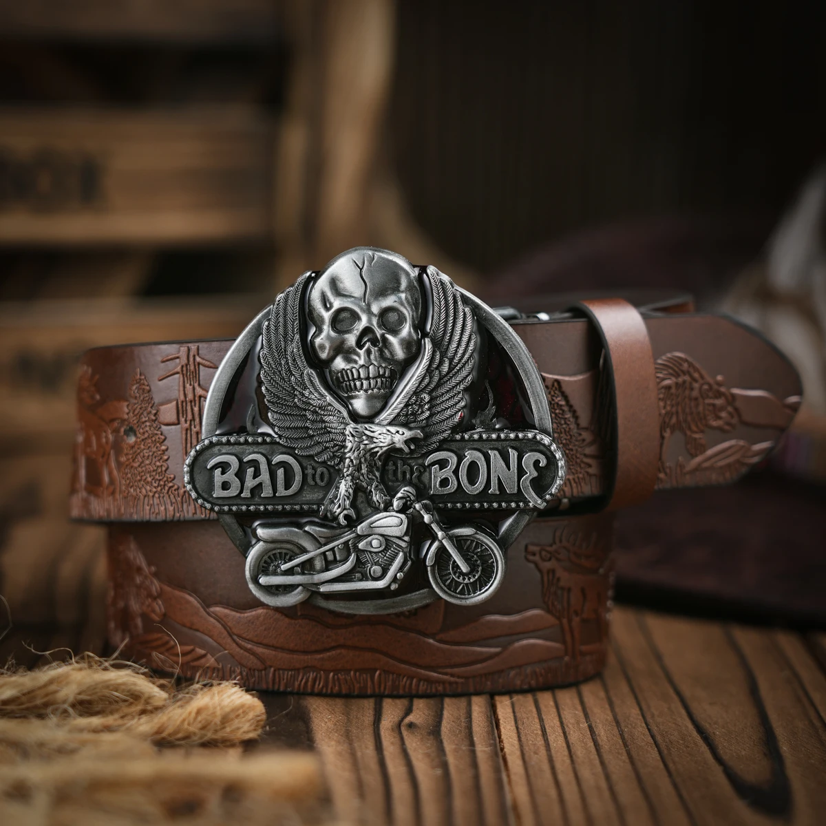 Western Cowboy PU Leather Belt - Men Waist Strap Bull Decoration Floral Engraved for Jeans