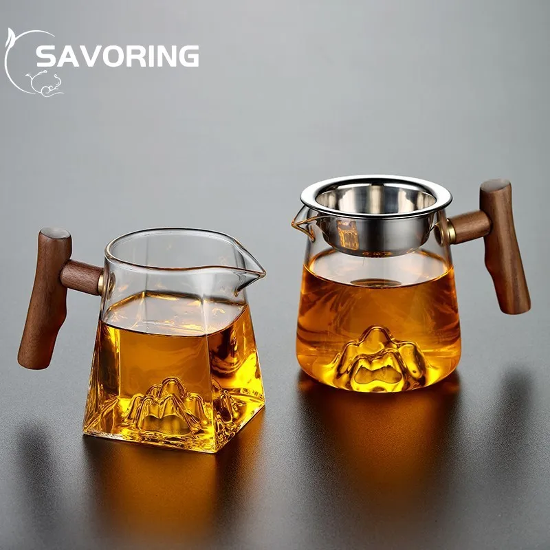 

400ml Square Glass Justice Cup Heat-resistant Thickened Tea Divider Tea Filter Japanese Justice Cup with Wood Handle Drinkware