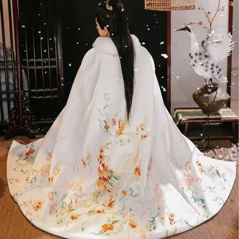 

Winter Mighty Qilin Hanfu Cloak Traditional Chinese Men Women Outer Robe Vintage Fashion Big Fur Collar Overcoat Shawl