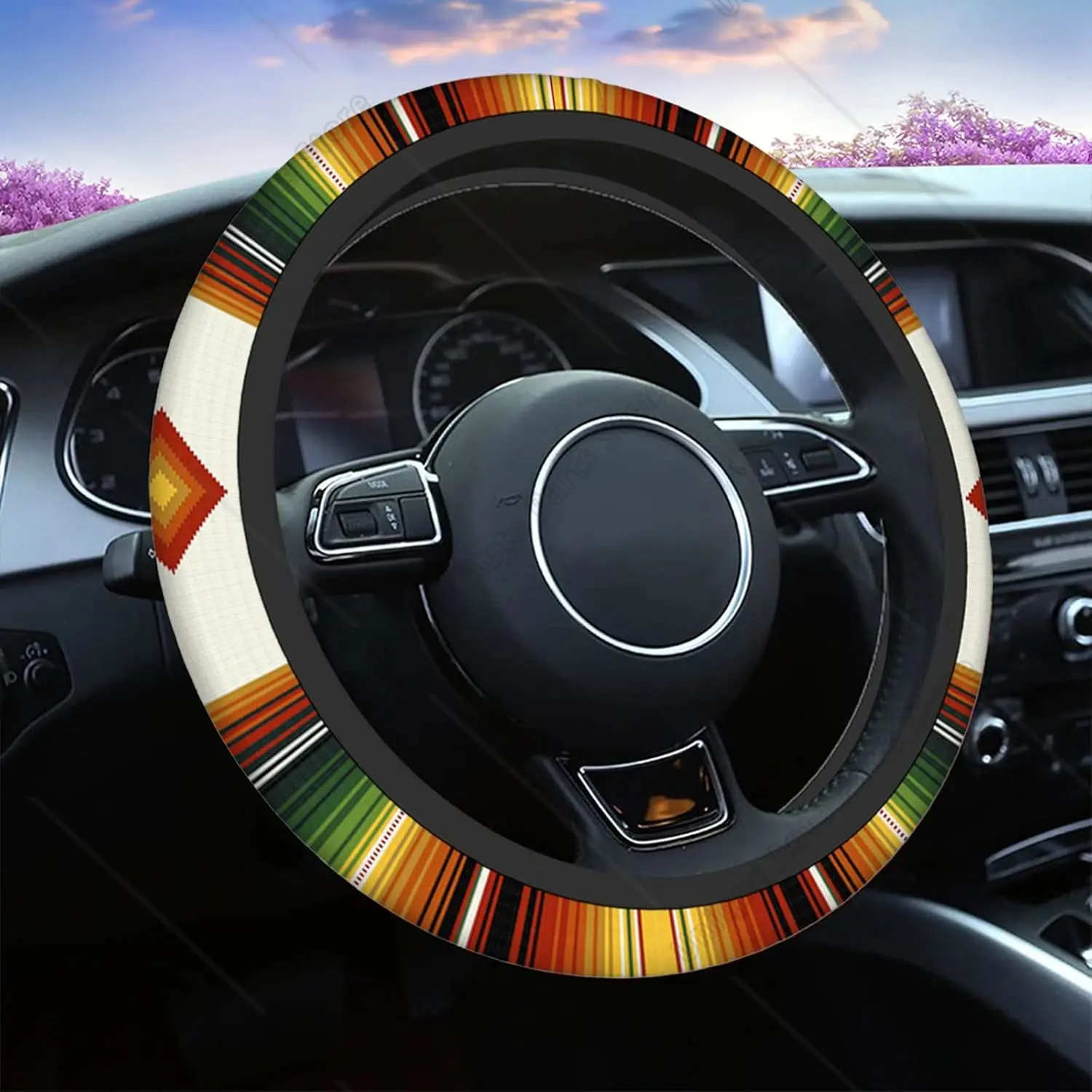 Mexican Boho Steering Wheel Cover Colorful Stripes Geometric Checked Universal 15 Inch Auto Car Steering Wheel Covers