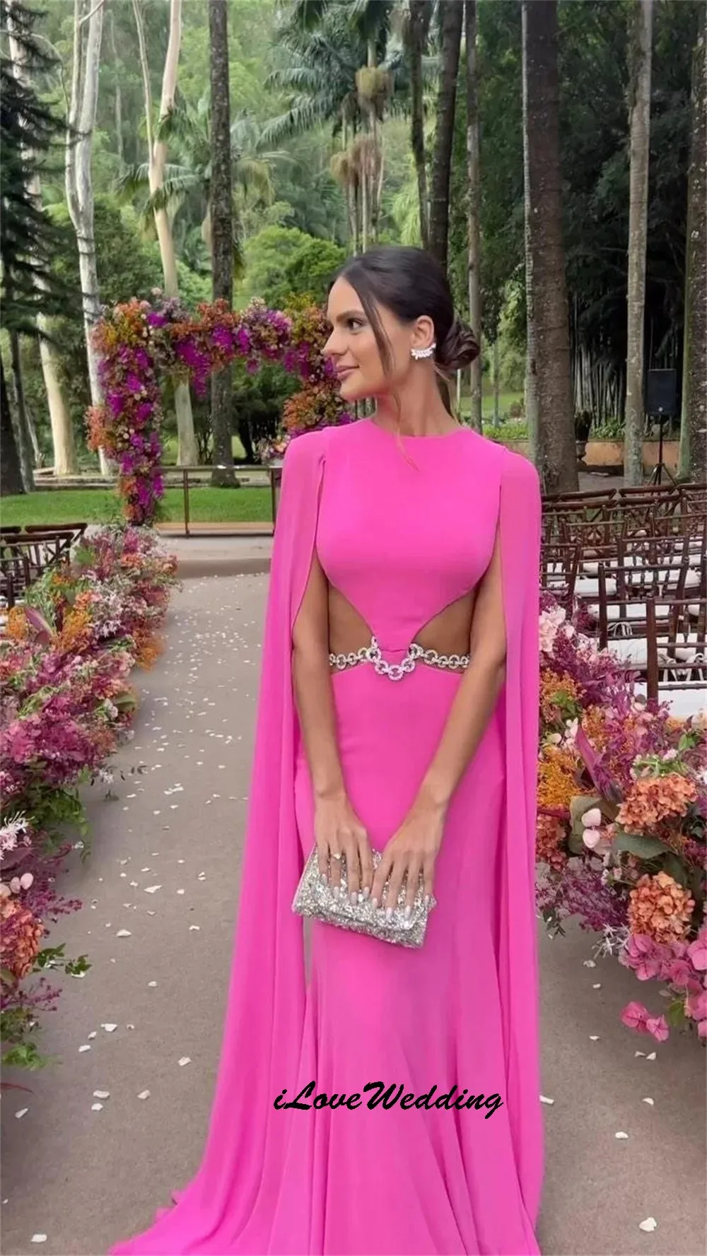 

Шифоновые ярко-розовые платья для выпускного вечера с круглым вырезом 2025 Элегантное женское свадебное платье с вырезом на спине Сексуальные вечерние платья по индивидуальному заказу