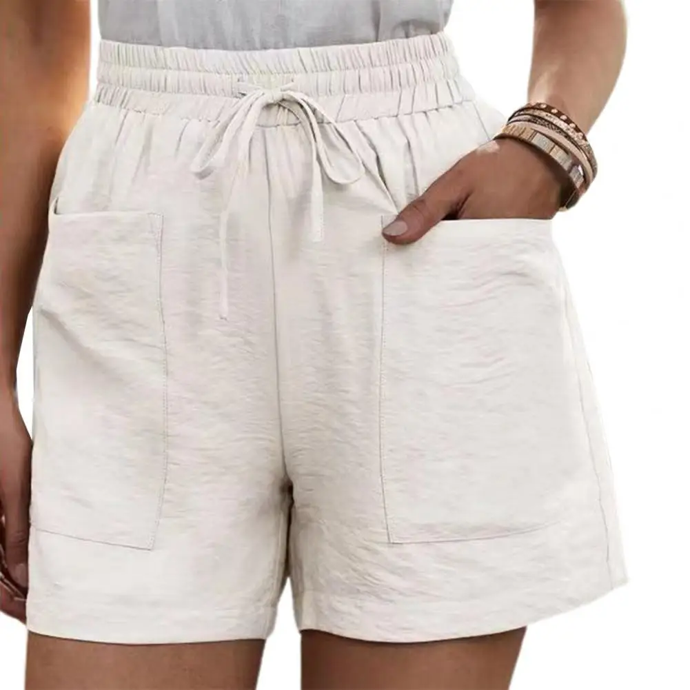 Women Casual Shorts Breathable Elastic Waist Drawstring Solid Color High Waisted Pockets Ladies Summer Sport Short Pants Trouser