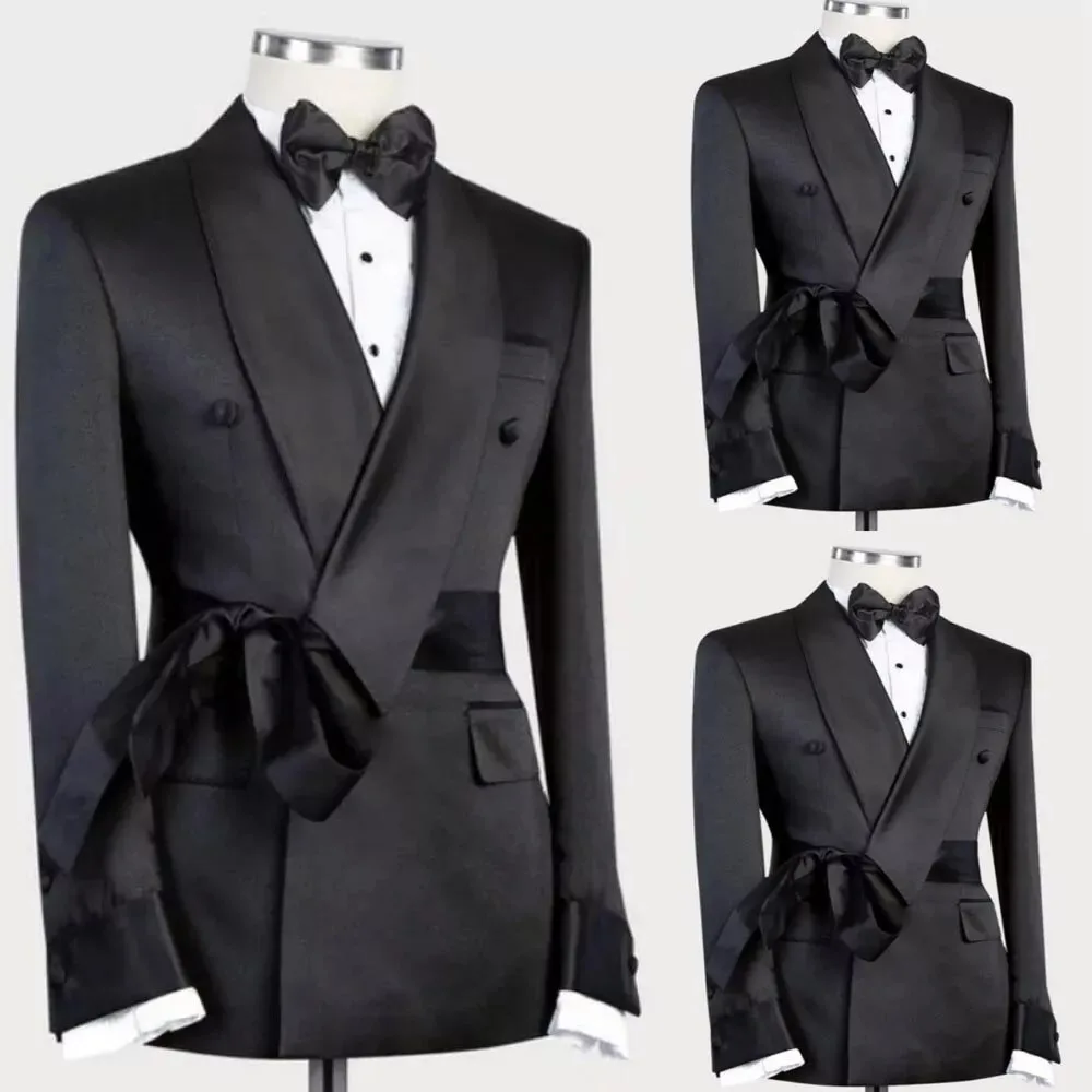 Black Men Suits Shawl Lapel Double Breasted Male Clothing Elegant Prom Party Full Set Bespoke 2 Piece Jacket Pants Sets Blazer