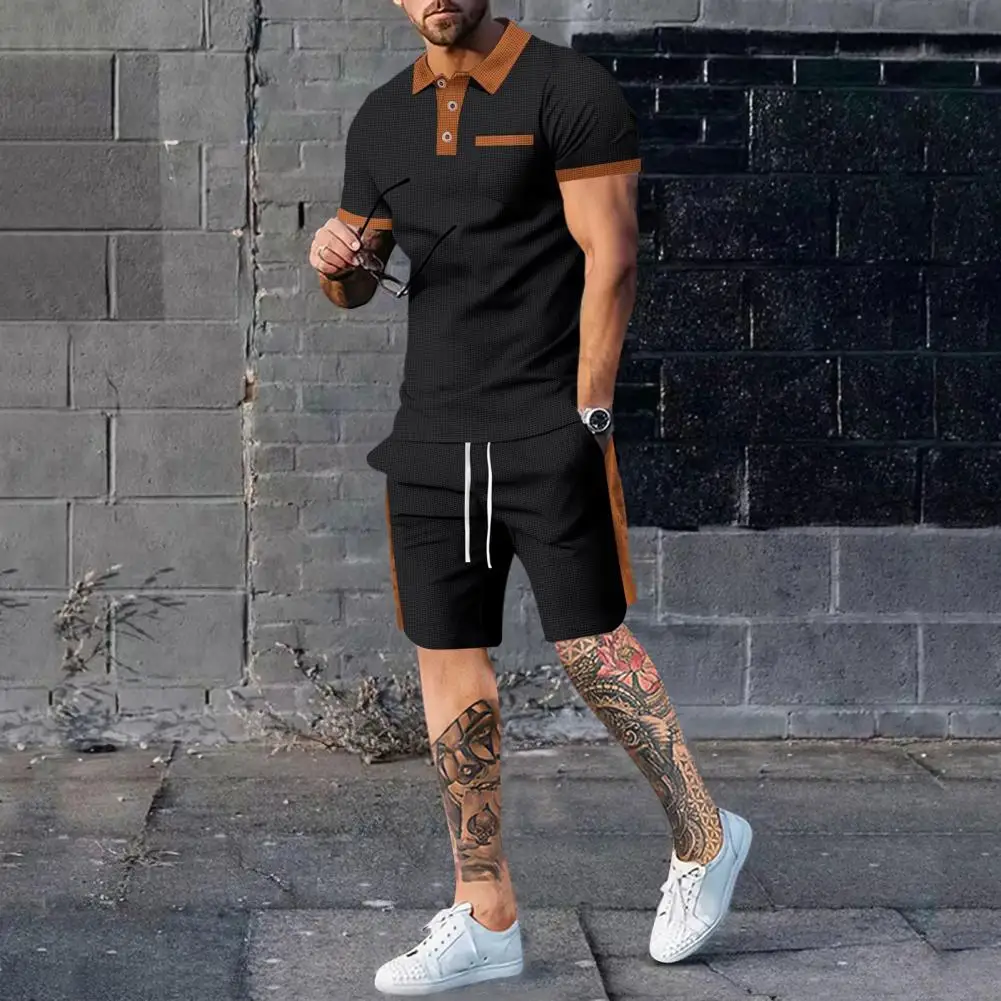 Athletic Apparel Set Men's Summer Sportswear Set with Lapel Short Sleeve Tops Elastic Waist Drawstring Shorts Patchwork Color