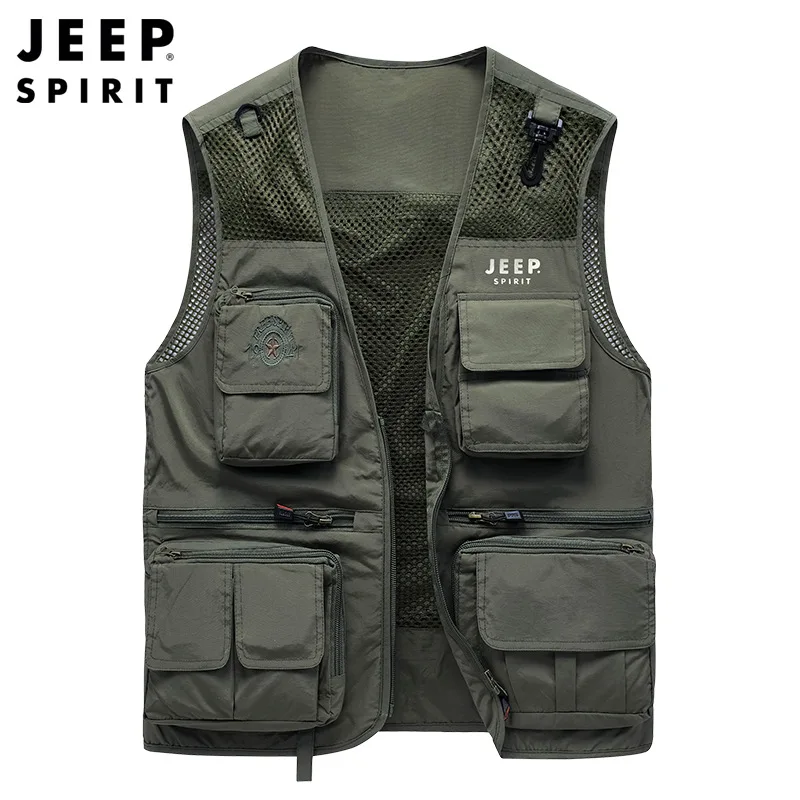 JEEP SPIRIT Men mesh quick-drying multi-pocket fishing vest hiking outdoor mountaineering drifting advertising photography vest