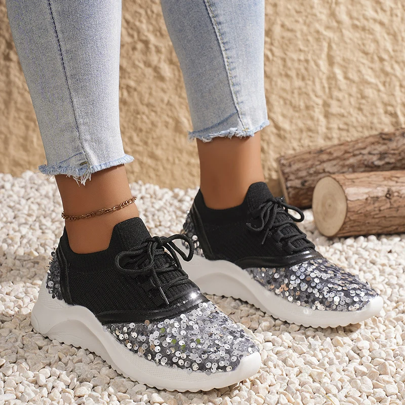 Tênis Bling Sequins para mulheres, calçados esportivos de malha respirável, sola macia feminina, sapatos casuais de salto plano, conforto, 2024