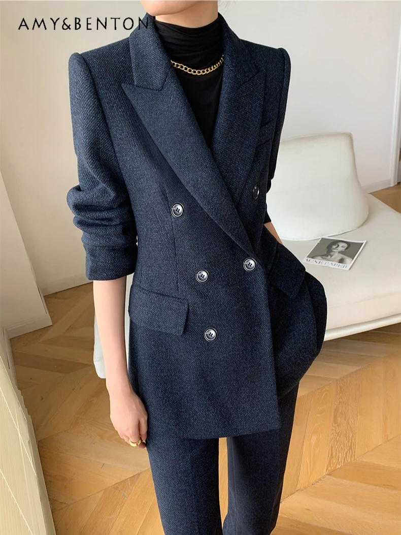 British Style Suit Women Autumn Winter New Temperament High End Professional Thickened Woolen Suit Straight Pants Two-piece Set