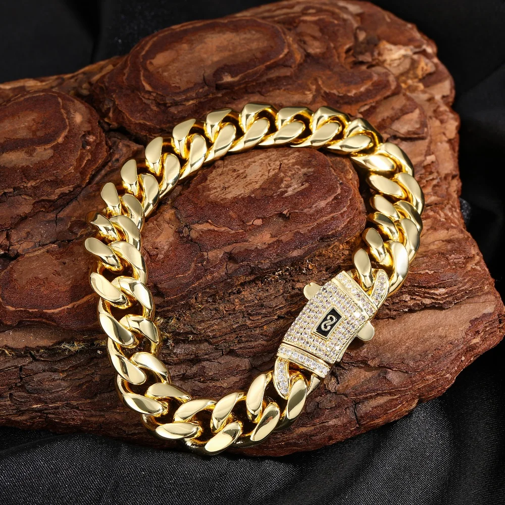 

14 мм Кубинская цепочка Майами, браслет из нержавеющей стали, ювелирные изделия в стиле хип-хоп для мужчин и женщин, роскошная весенняя застежка с камнями, модная ссылка на запястье