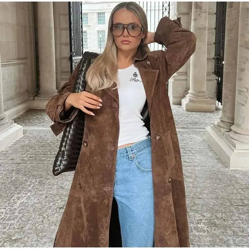 

European and American 2024 Autumn and Winter Women's Windbreaker Elegant Khaki Imitation Leather Double-breasted Lapel Coat