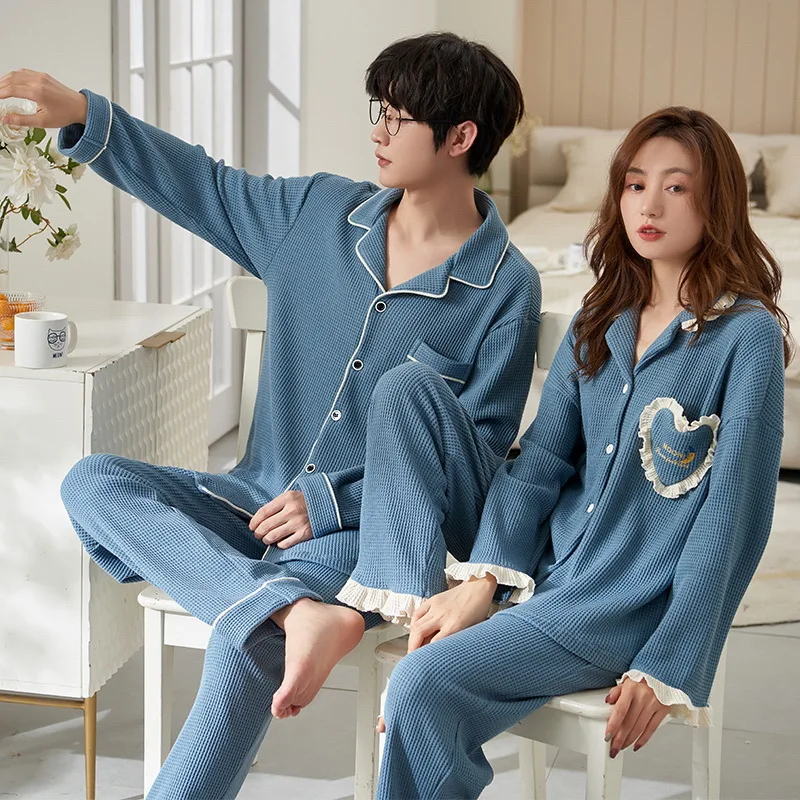 Autumn Winter Couple Men and Women Cotton Sleepwear Turn-down Collars Long Sleeve Pants Solid Nightwear Suit