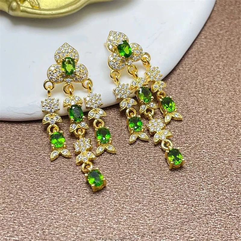 

Original Authentic Fine Gorgous Natural Diopside Drop Earrings S925 Silver Yellow Gold Gemstone Genuine with Certificate