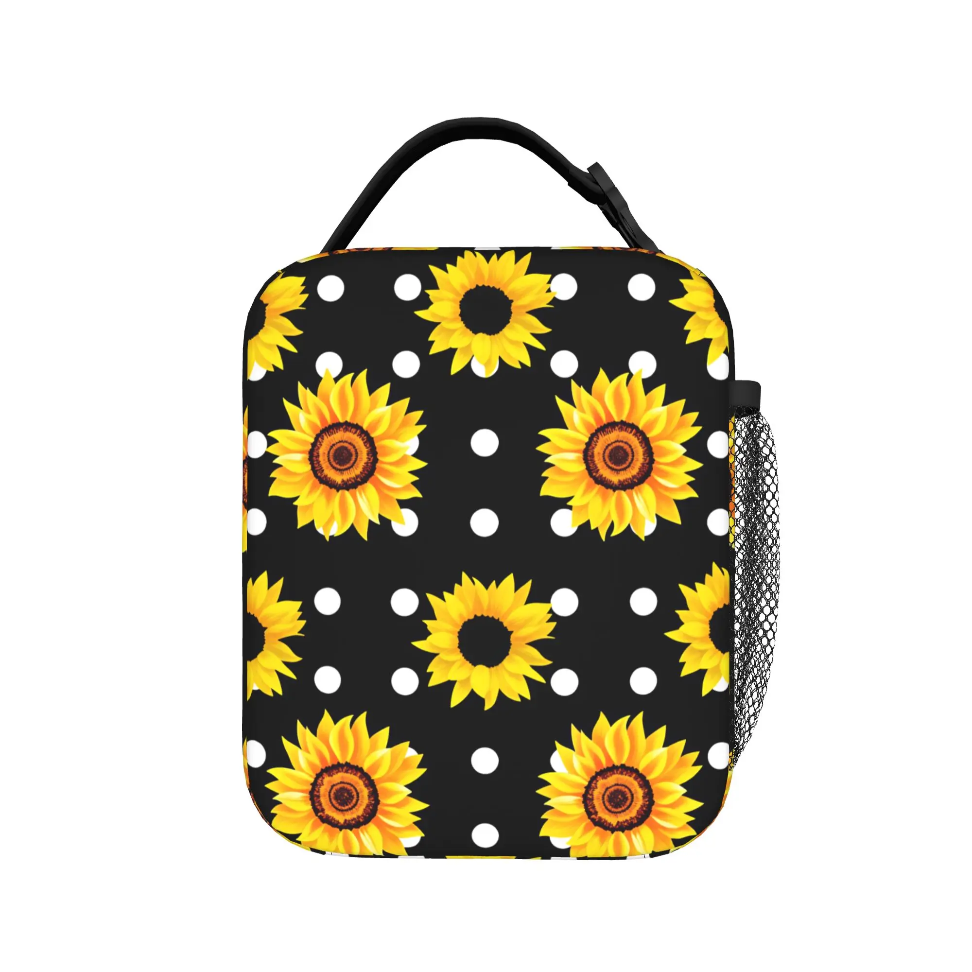 Sunflower Polka Dot Noir Lunch Bag For Men  Custom Office Lunch Box Aesthetic Portable Insulated Oxford Cooler Bag