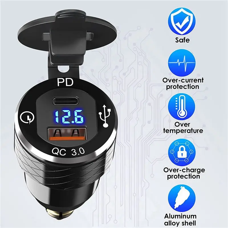 M49K-3X PD 3.0 Type C USB Fast Din To USB & 18W QC 3.0 Power Outlet With Voltmeter For 12V-24V Ducati BMW Motorcycle