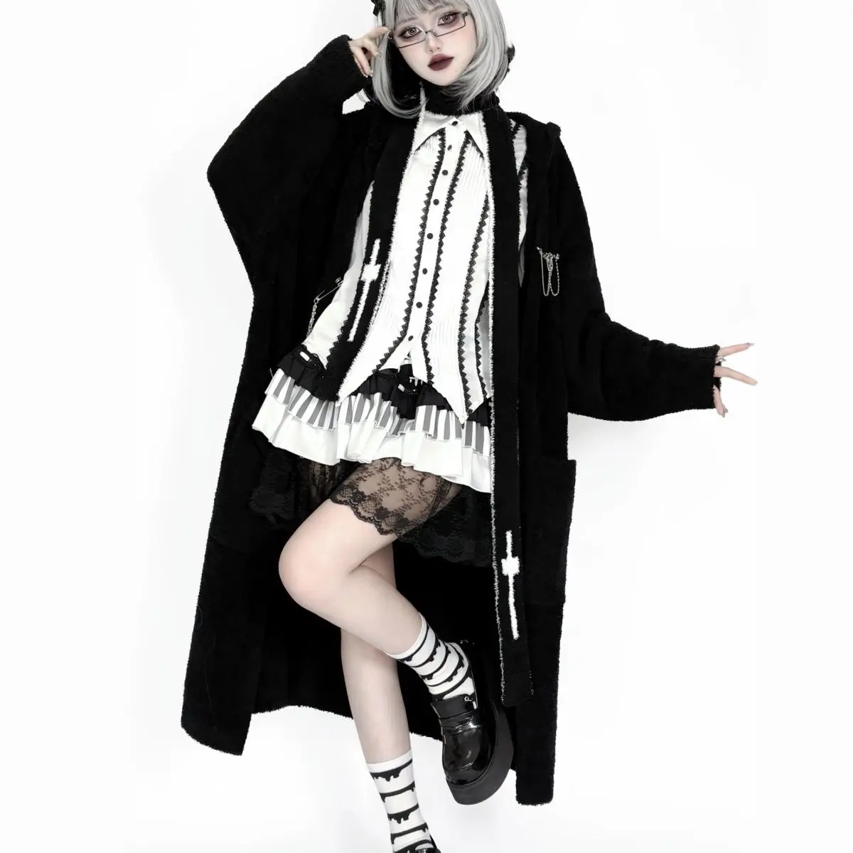 

Loose Dark Gothic Punk Subculture Long Black Knitted Cardigan Hooded Sweater Jacket Coat Y2k Sueters De Mujer Clothes