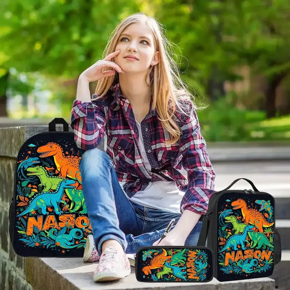 3pcs Cartoon Dinosaur Backpack, Large Capacity 17-Inch Casual Backpack Laptops With Bottle Holder - Lightweight And Durable School Bag, Includes A Lunch Bag And Pencil, Autumn Gifts And Home Decor, Unisex Work