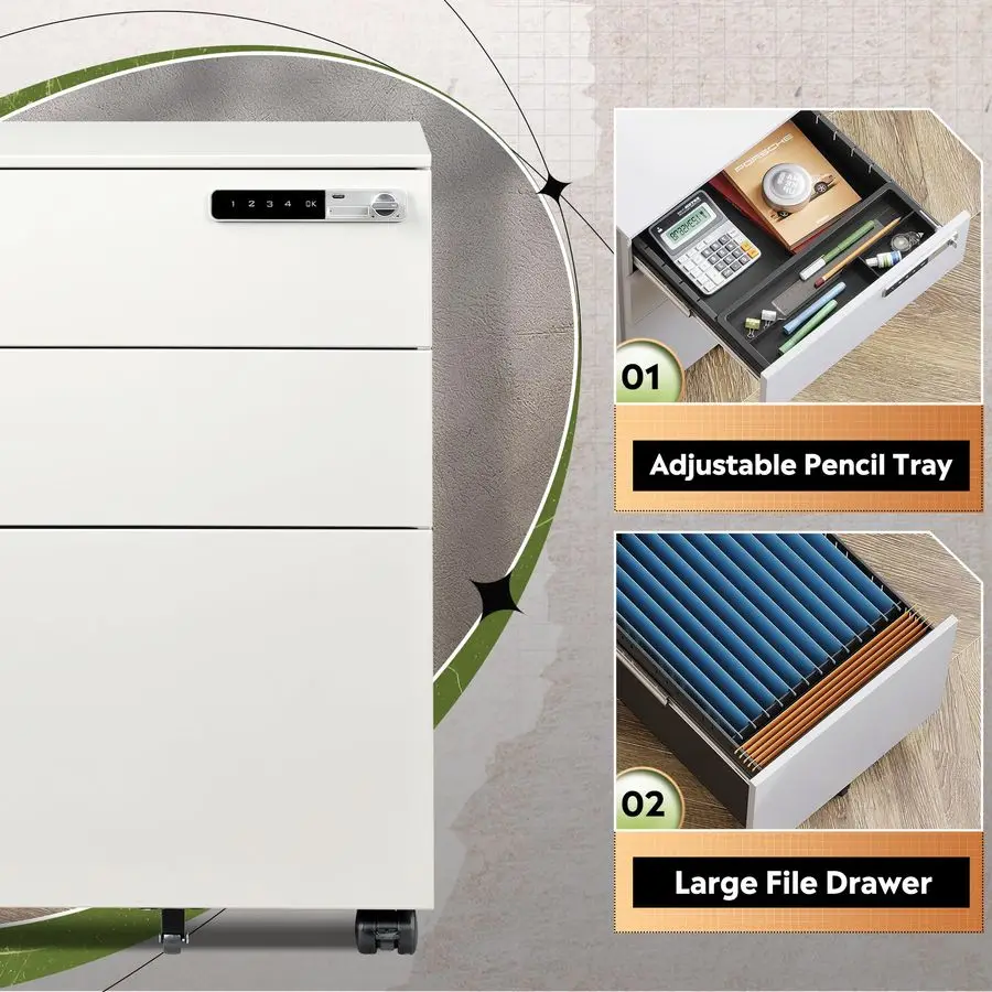 3 Drawer File Cabinet with Combination LockFully Assembled Metal Filling Cabinet Except Wheels, Mobile Under Desk File Cabinets