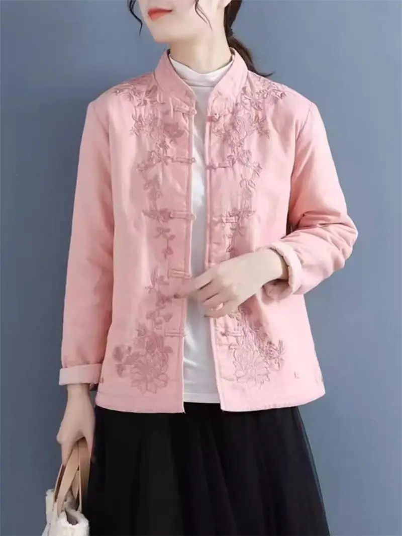 

New Chinese Style Women's Quilted Jacket Standing Collar Retro Button Up Short Embroidered Coat Spring Autumn Cotton Tops K851