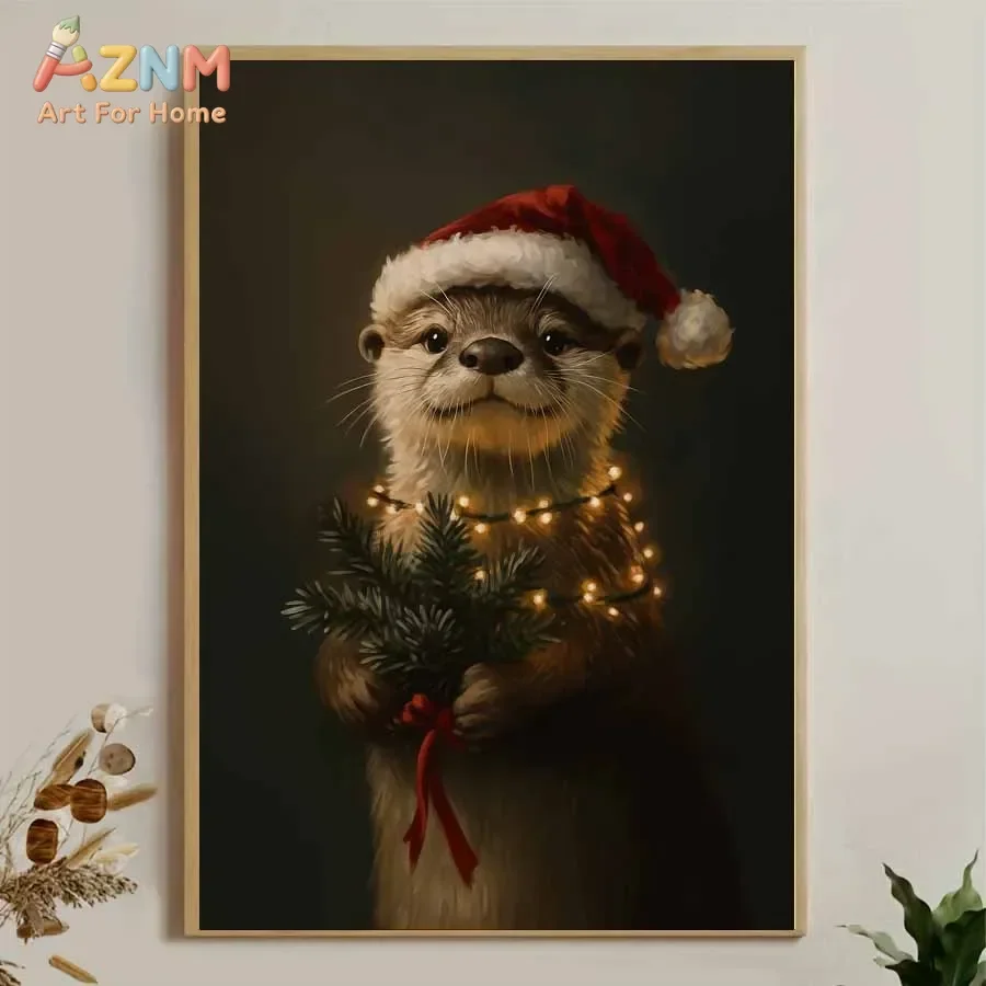 AZNM Cute Christmas Otter Canvas Wall Art Santa Hat Animal Print Poster Vintage Dark Moody Winter Holiday Farmhouse Home Decor U