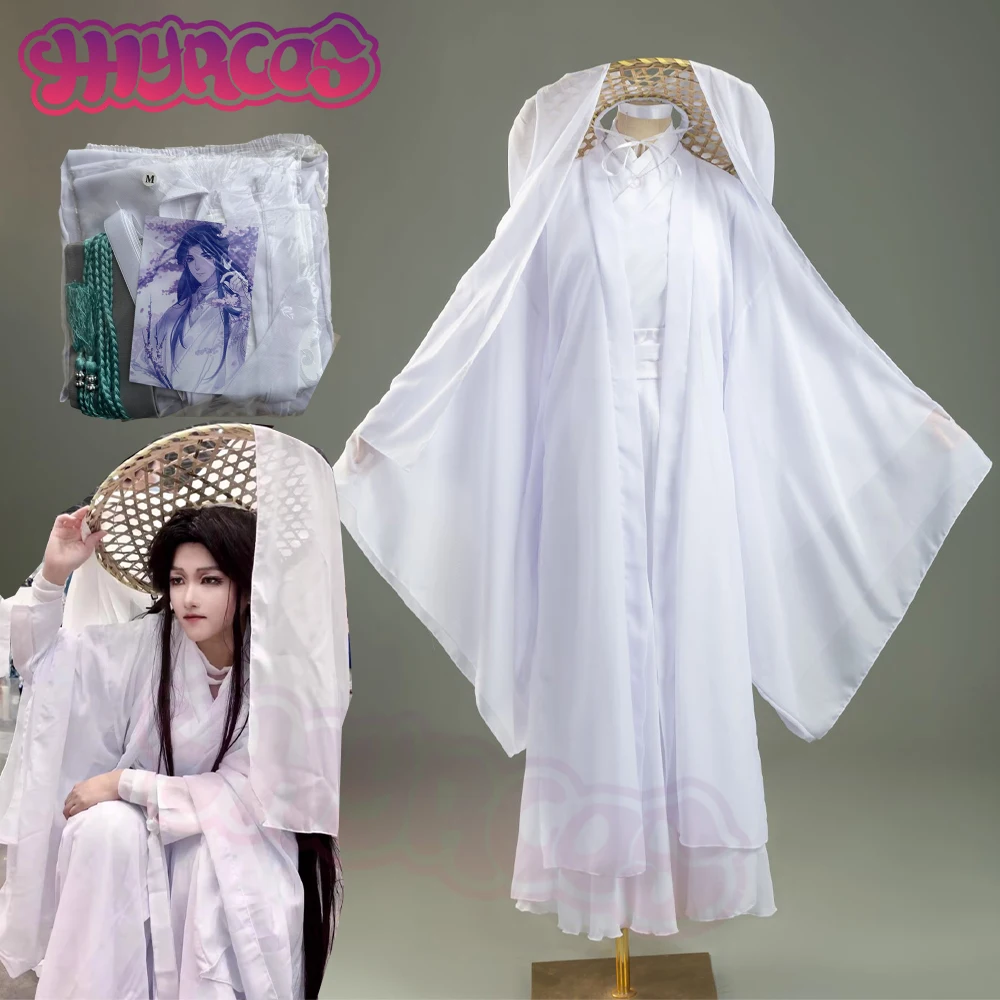 Fantasia de Cosplay Anime para Homens e Mulheres, Xie Lian, Guan Ci Fu, Xielian Cos, Perucas, Chapéu de Bambu, Suporte, Retro, Trajes Brancos, Roupa