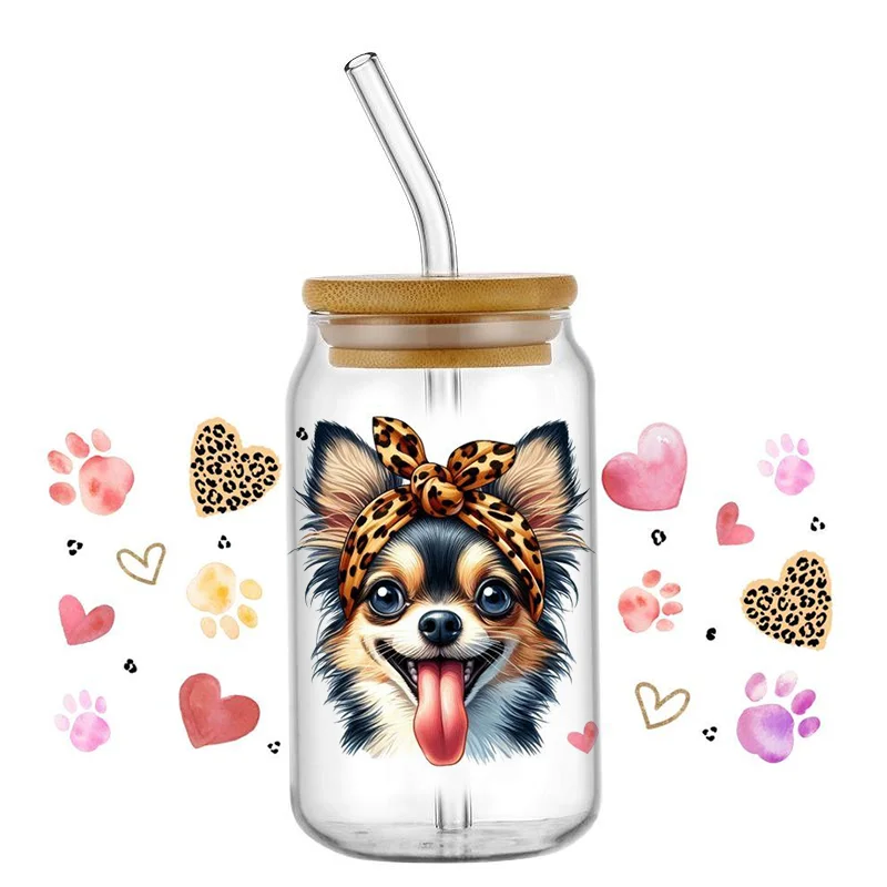 Cute Dog with Leopard Headband UV DTF Wraps, Paw & Heart Stickers for 16oz Glass Cans, Waterproof DIY Transfer Decals