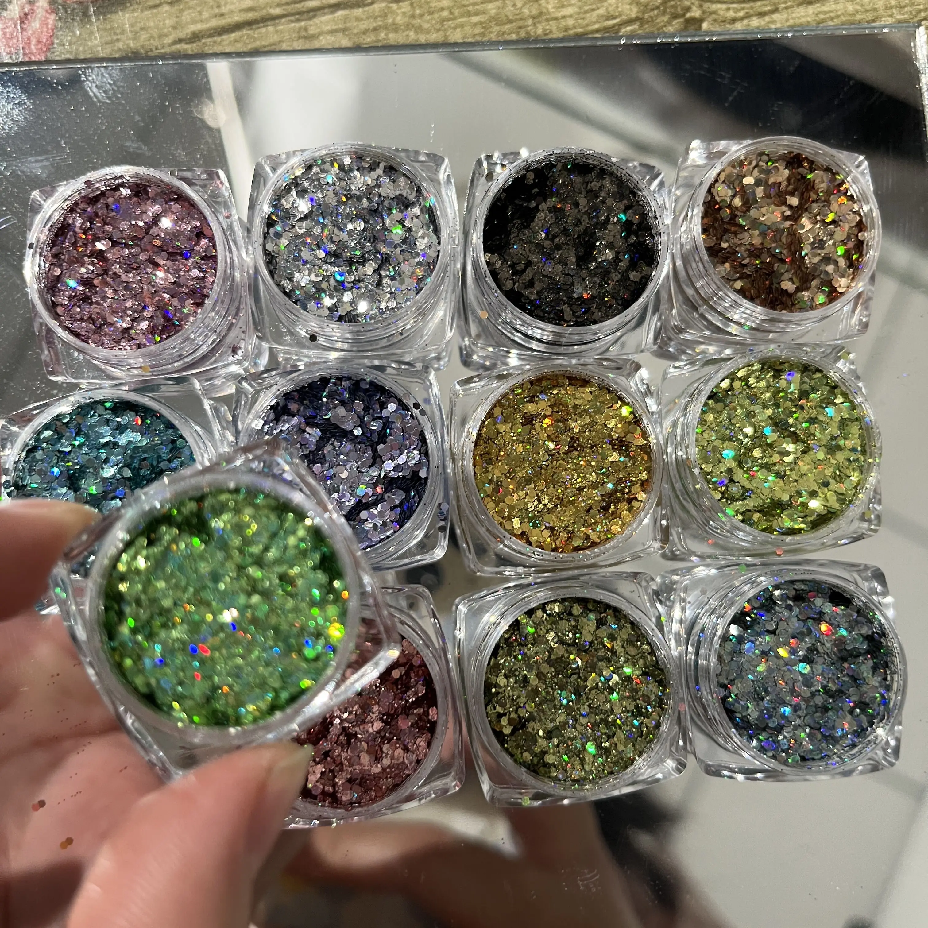 12Colors Holographic Glitter Sequins Set Net1*2g*12jars Metallic Magic Chunky Hexagon Flakes DIY Laser Shiny Manicure Sequins