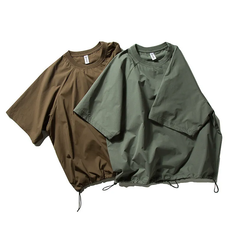 Summer Trendy Outdoor Quick Drying T-shirt Men Adjustable Tie Hem Short Sleeved Top Japanese Loose Casual Chest Pocket T-shirts