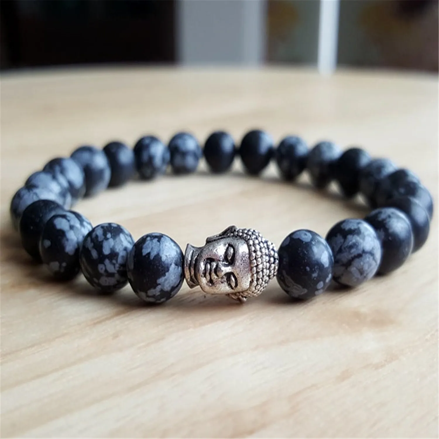 

8mm Natural Snowflake Obsidian Mala Bracelet Bangle Men Stackable Charm Gift Cuff Unique Trendy Unisex Party Yoga