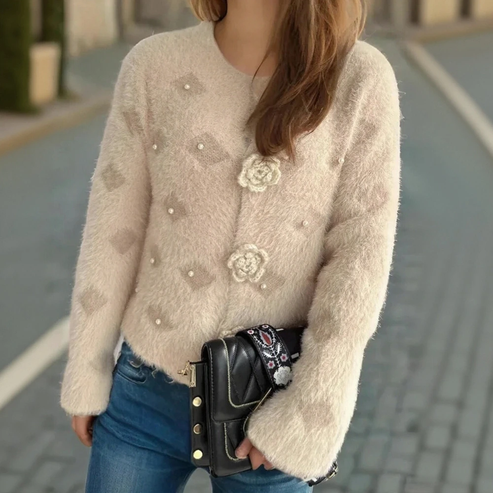 

Women's Cute K-Fashion Beaded Cardigan Single-Breasted Long Sleeve Crew Neck Daily Wear Autumn Winter Outerwear