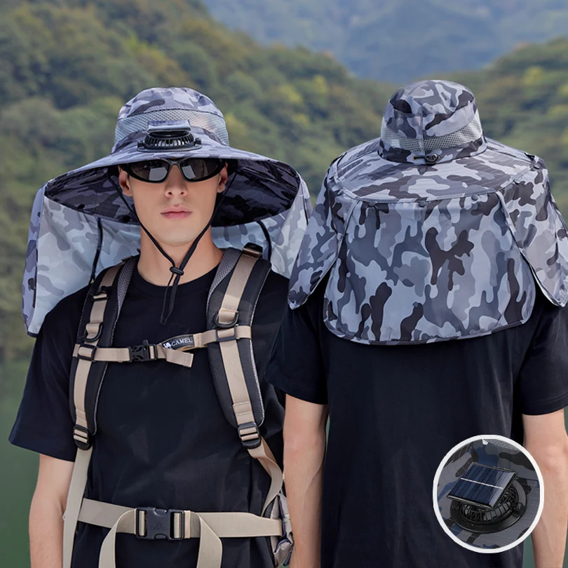9208-1 Men's Sun Hat 1 Solar Fan Fishing Hat, Wide-Brimmed Sunhat Outdoor Summer Camping, Beach Use, Type-C and Solar Power Supp