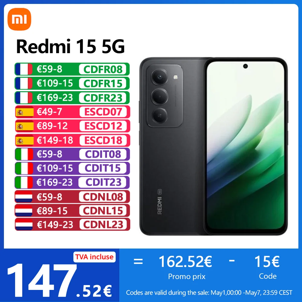 Xiaomi Redmi 15 5G,NFC,Snapdragon® 6s Gen 3,DotDisplay 6.9" FHD+,144 Hz,50 MP Caméra,Batterie 7000 mAh,IP64