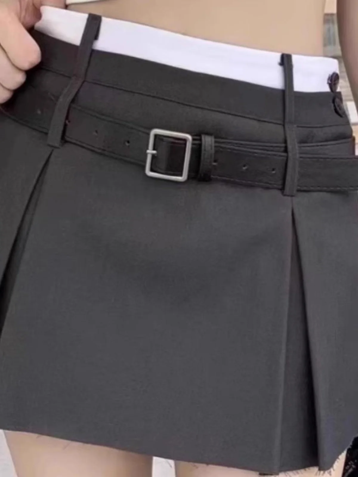 

Серая юбка-трапеция с высокой талией в стиле костюма, с поясом, женская, плиссированная, короткая, в стиле пэчворк, дизайн в студенческом стиле, корейская версия