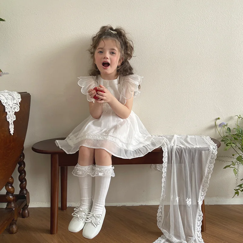3-12 Jahre Kinder Geburtstagsparty-Socken Mädchen Kniestrümpfe mit Spitzenbesatz Weiche Baumwoll-Prinzessinnensocken mit Vertikalen Streifen