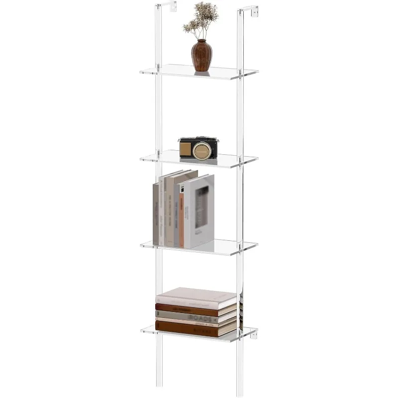 

Small Acrylic Ladder Bookshelf, 4-Tier Clear Wall Mounted Book Shelf Multipurpose Bookcase for Living Room, Bathroom, Office