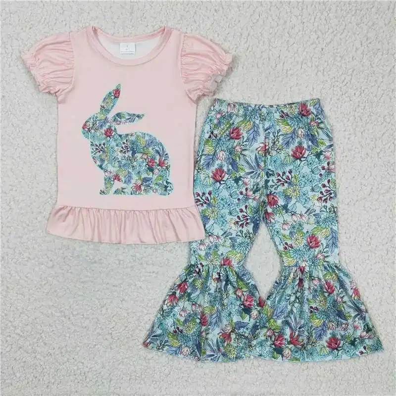 Wholesale Price  Girls Easter Bunny Leopard Short Sleeve Tee Shirt Top Bell Bottom Pants Rabbit Children Boutique Outfits Sets