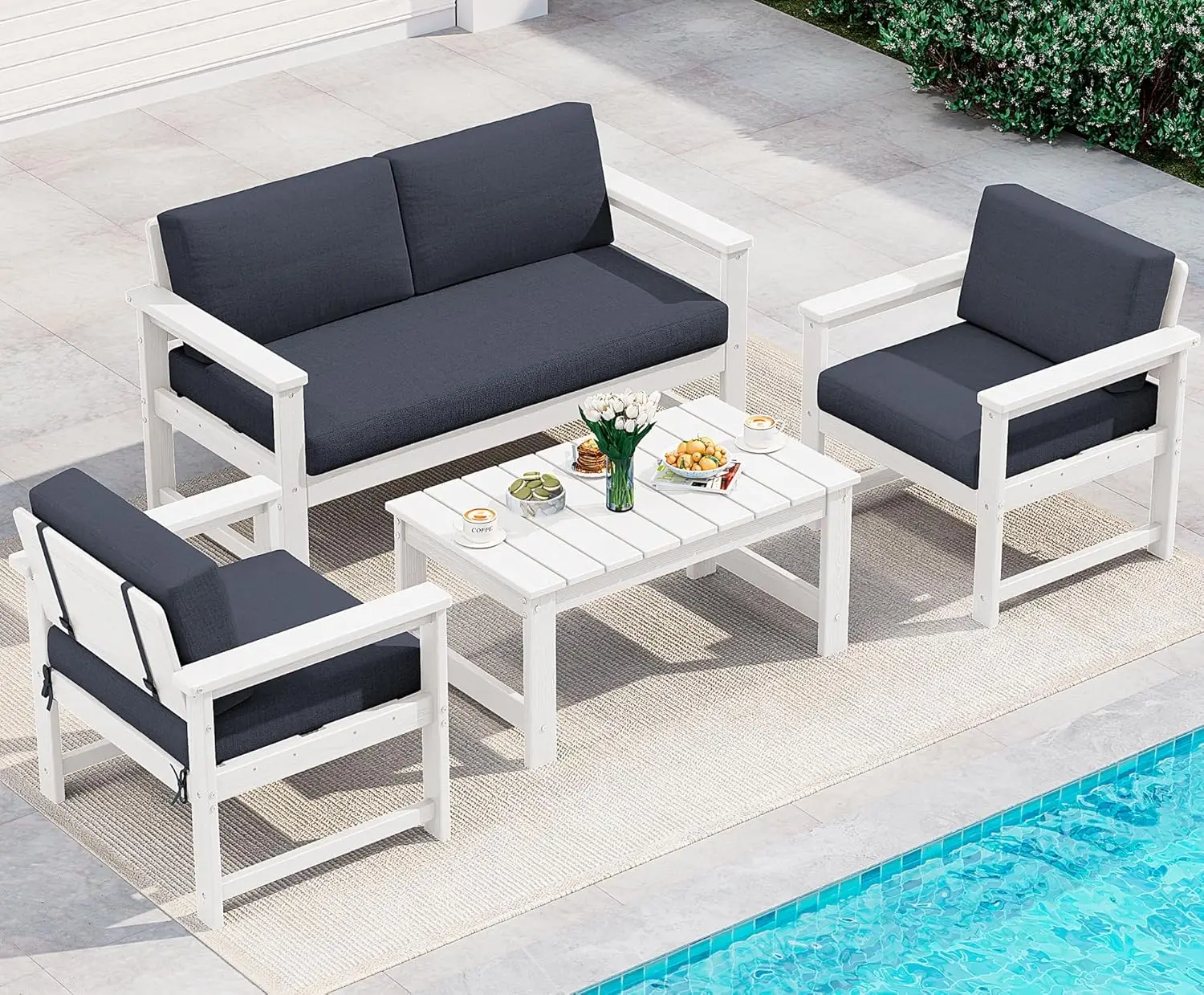 Ensemble de canapé d'extérieur 4 pièces en PEHD avec coussins, résistant aux intempéries, pour conve