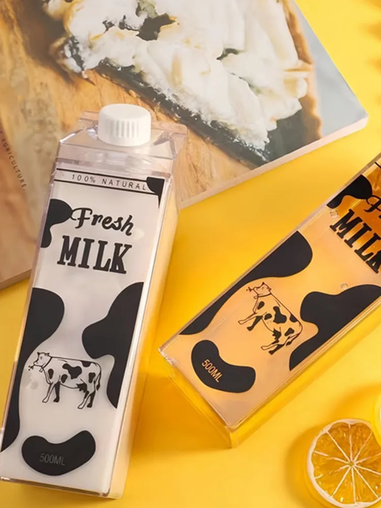 Bouteille de lait carrée 500/750/1000ML, boîte à eau, café, jus, thé, stockage de lait Transparent pour Sports de plein air, Camping, salle de sport