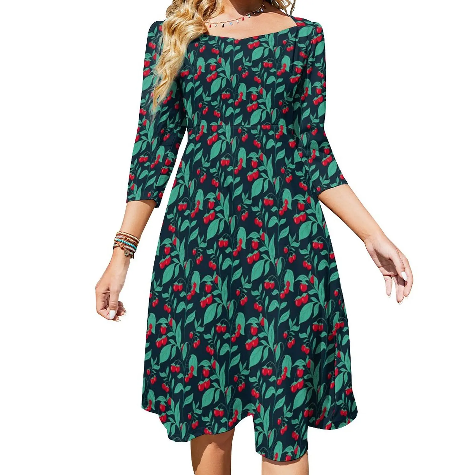 Cherries Tomatoes Casual Dress Ladies Fruit Print Stylish Dresses Elegant Dress With Bow Spring Big Size Vestido