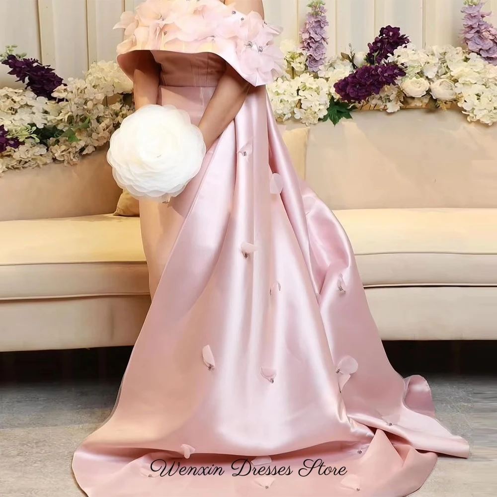 Fashion 3D Flowers Evening Dresses Elegant Off the Shoulder Pink Satin Customized Celebrity Gowns Special Occasion Gowns