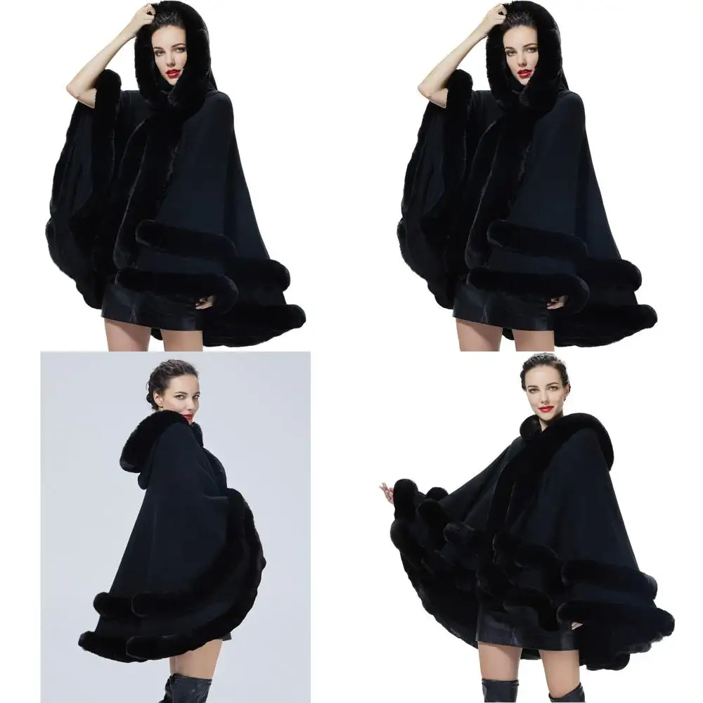 

Faux Fur Hooded Poncho with Trimmed Sleeveless Shawl, Fashionable Wrap Coat