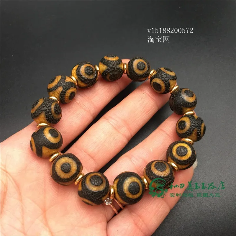 Natural Tibet Three-Eye Bracelet round Beads Chalcedony Agate Rough Stone Buddha Beads Bracelet Single Circle