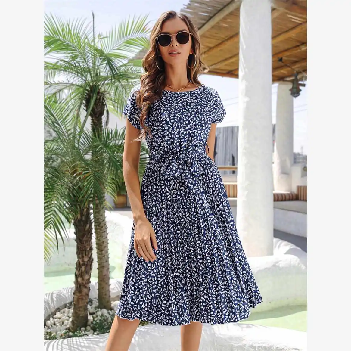 Nueva Falda Plisada Floral Casual de Verano con Lazo, Estilo Coreano, para Mujer, Venta Transfronteriza en Plataformas Independientes